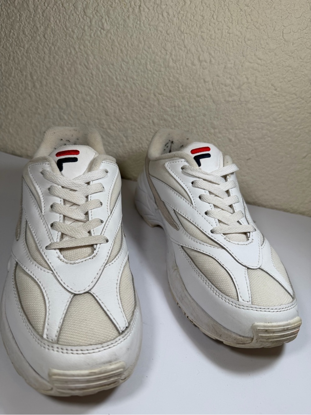 Fila Men's White Sneakers with Red & Navy Logo Accents